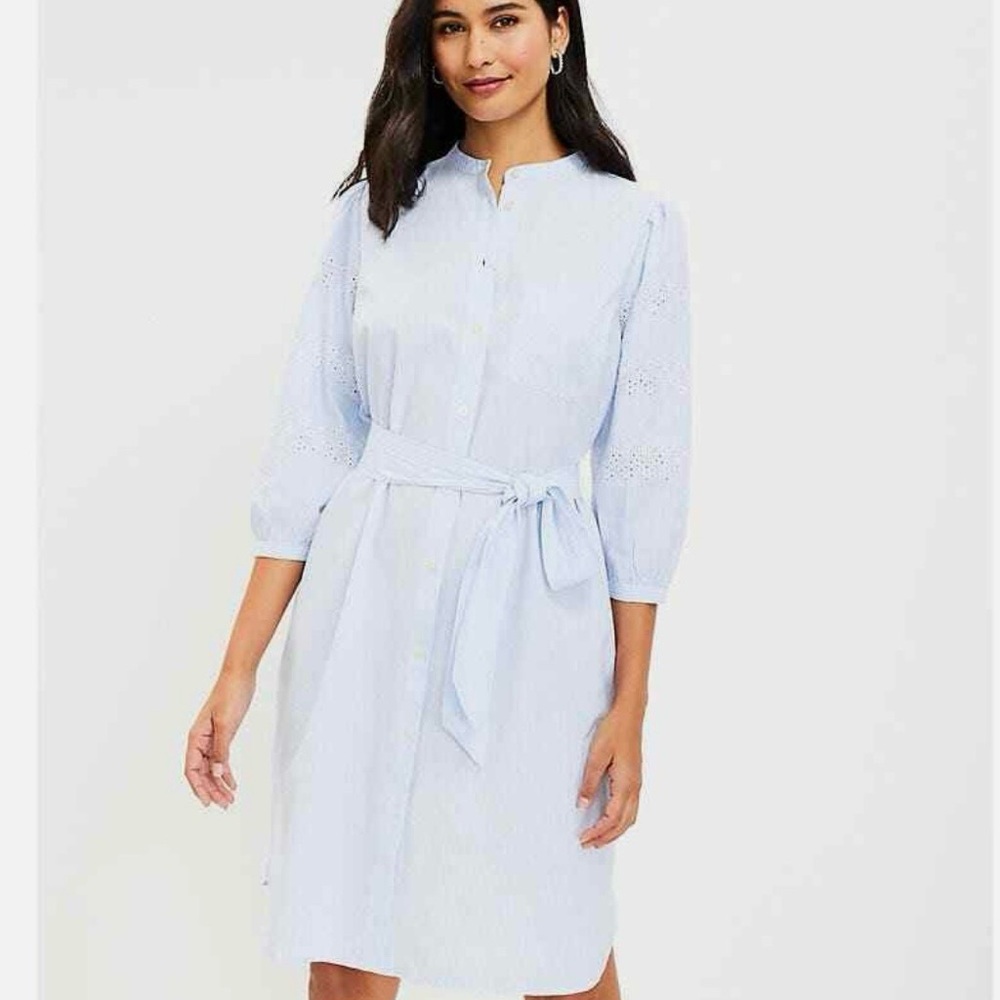 Women’s LOFT Blue Stripe Embroidered Eyelet Cotton Mini Shirtdress Size Small